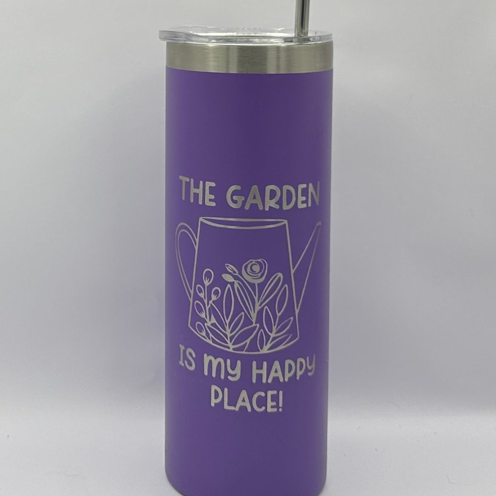 The garden is my happy place engraved purple 20 ounce skinny tumbler, gardening